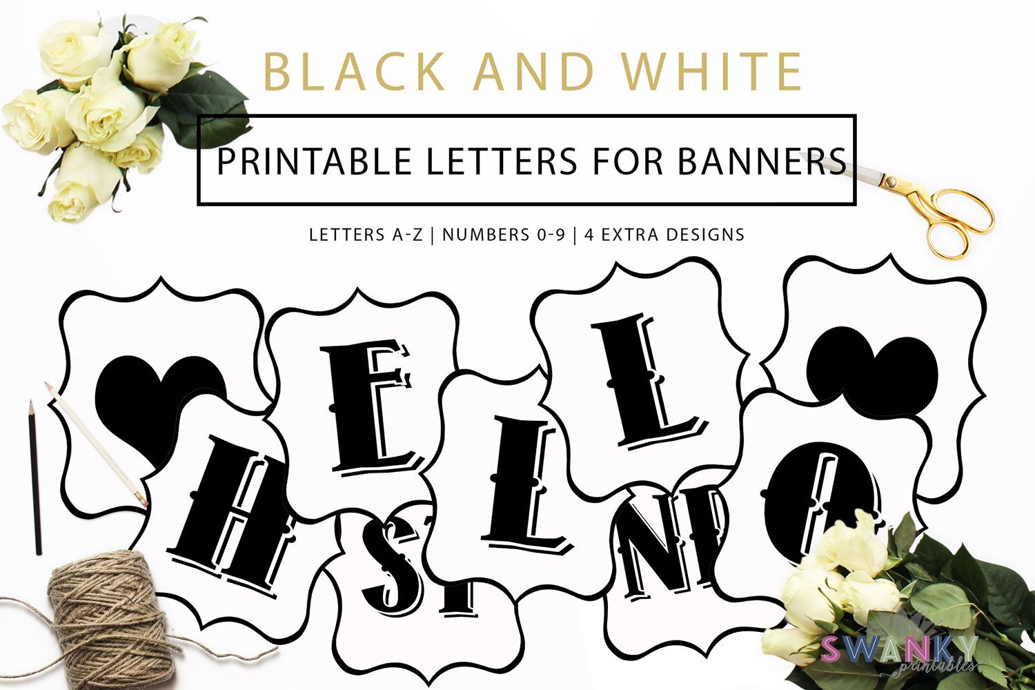 Free Printable Black and White Banner Letters - Swanky Design Co.